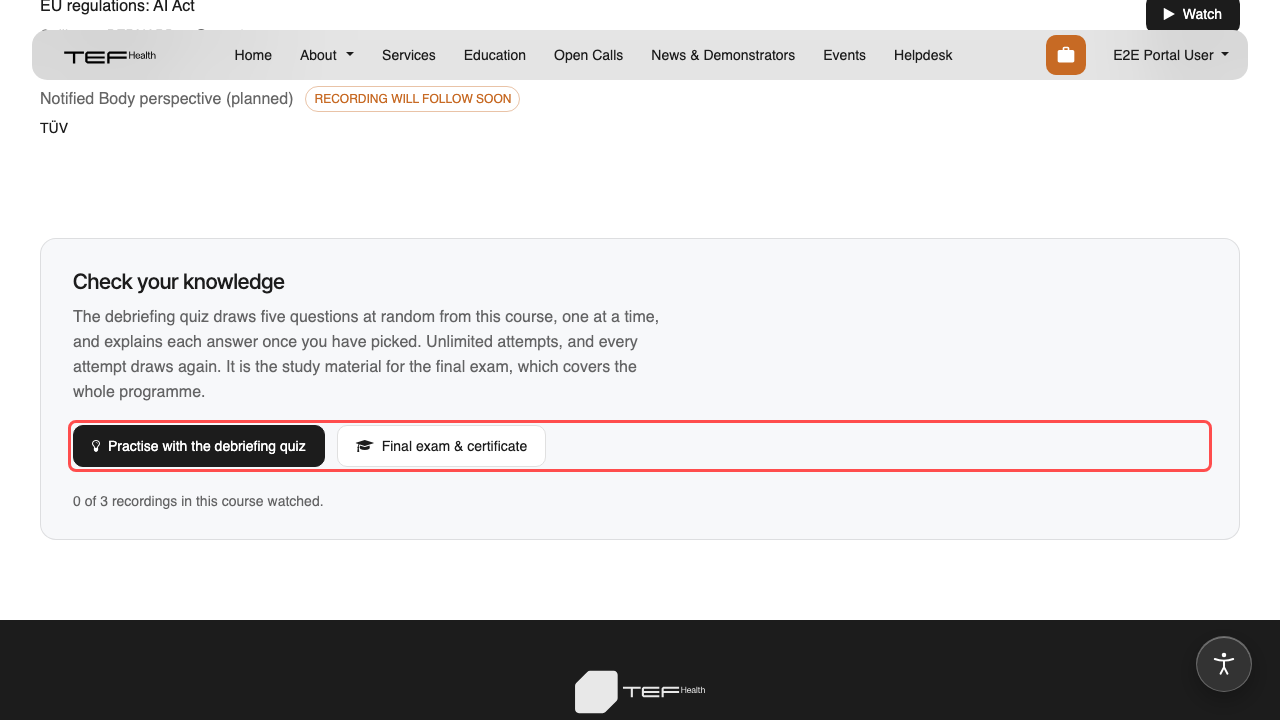 The debriefing quiz on a course page