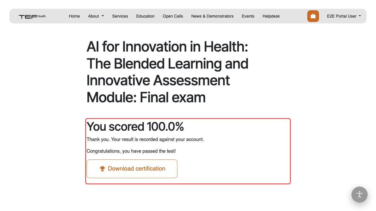 The result screen after passing