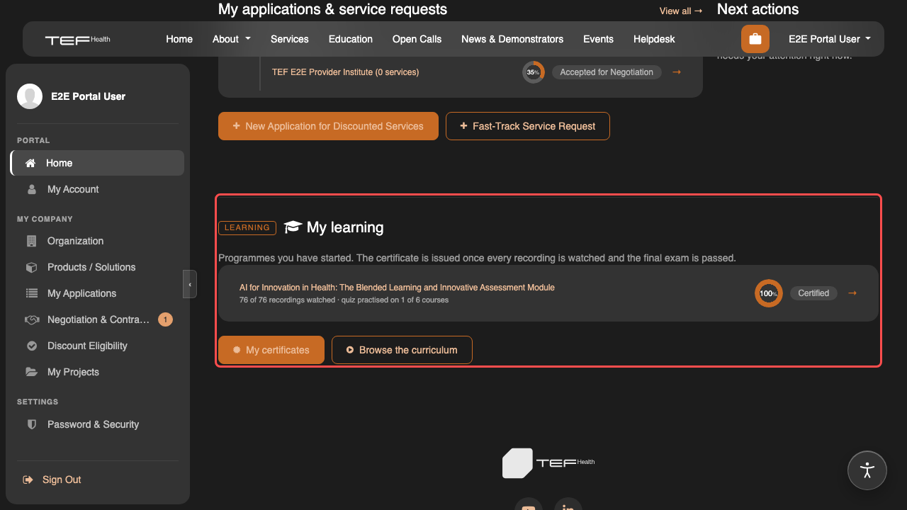 The learning section of the portal dashboard