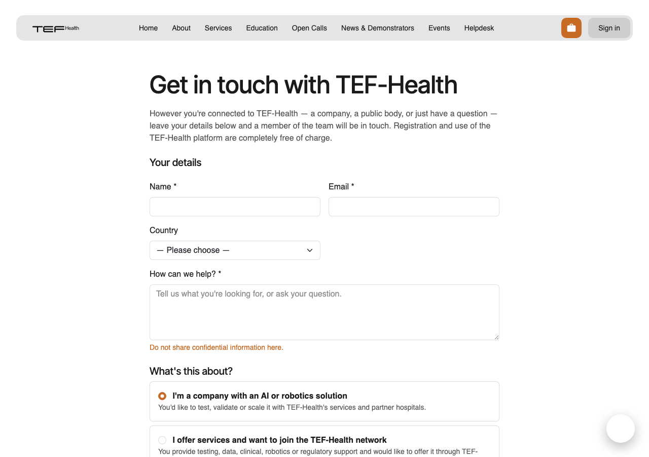 Get in touch form — about you, your company, and your AI solution