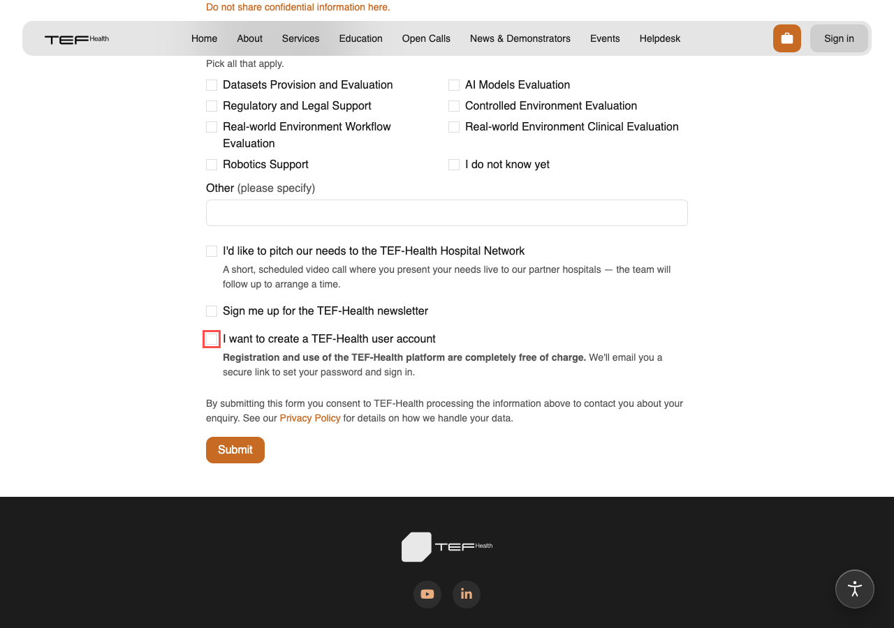 Get in touch form — what you're looking for, and the create-account option