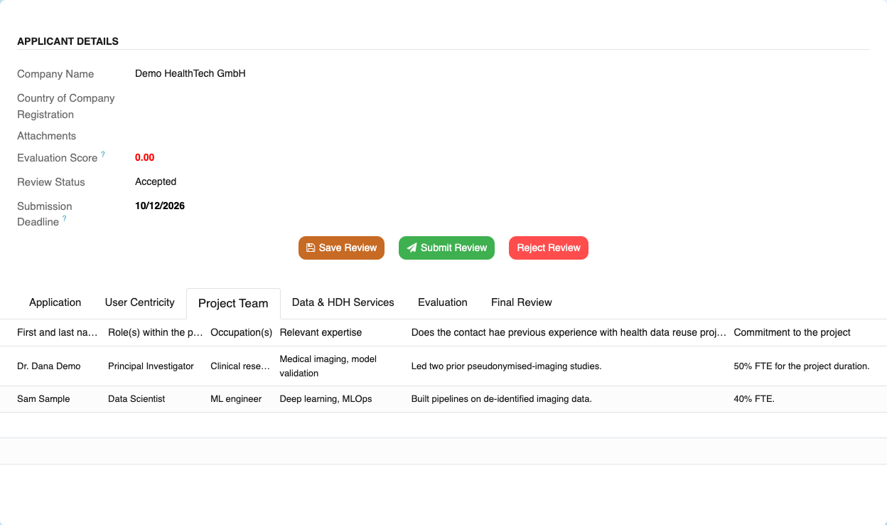Call 3 review — Project Team tab