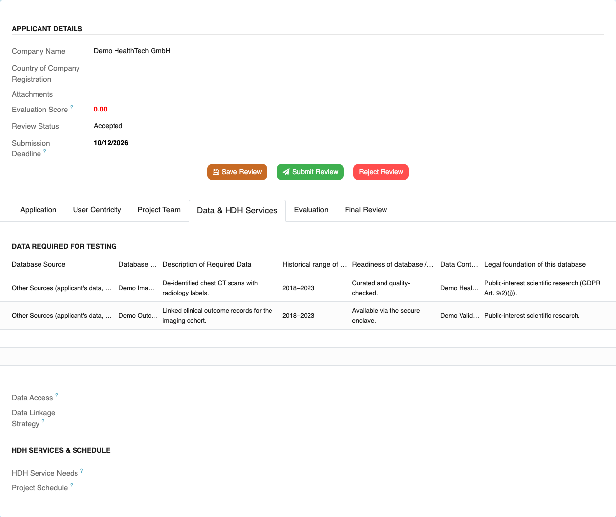 Call 3 review — Data & HDH Services tab