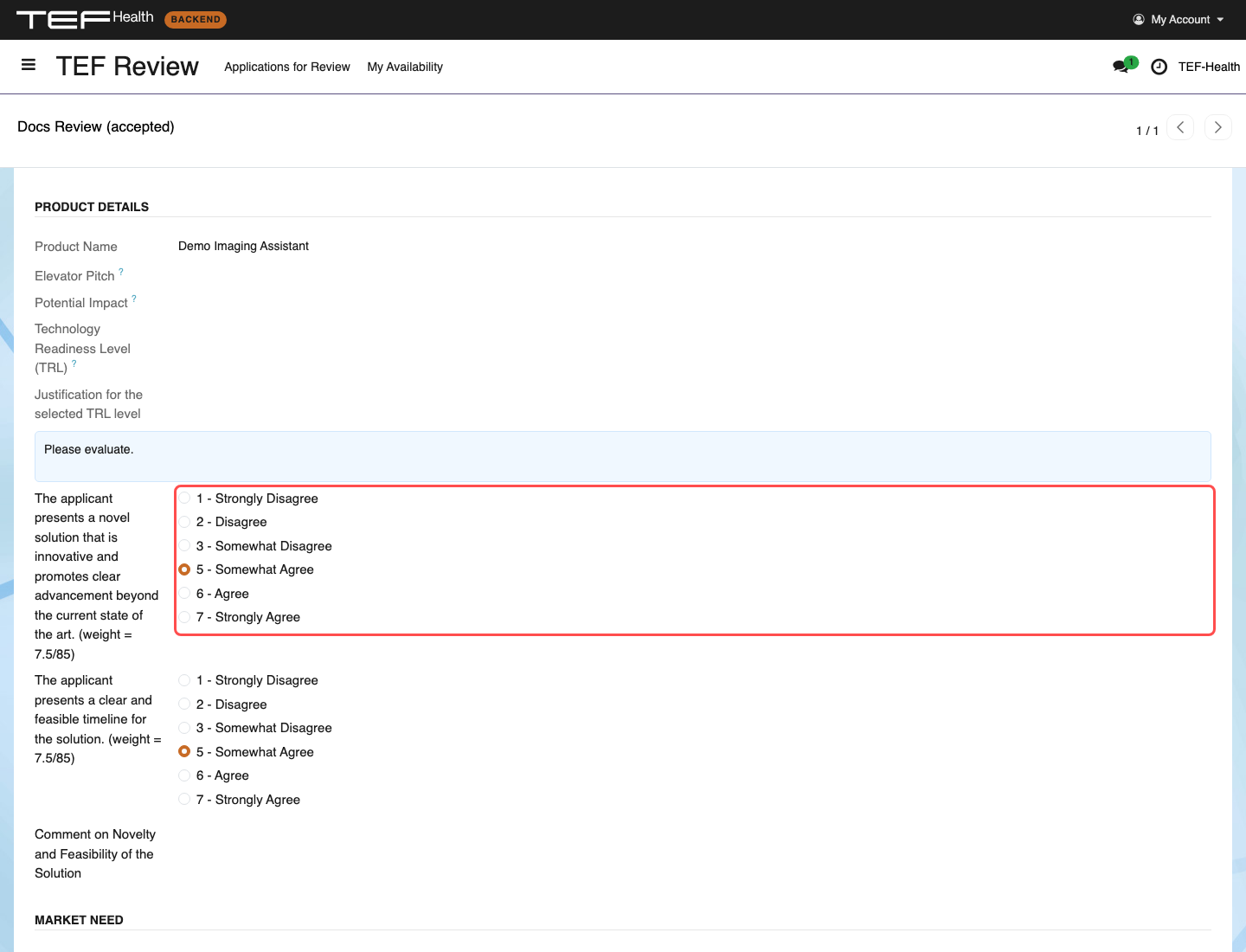 Reviewer form with reduced application view