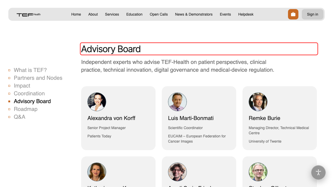 The about page opened at the Advisory Board section