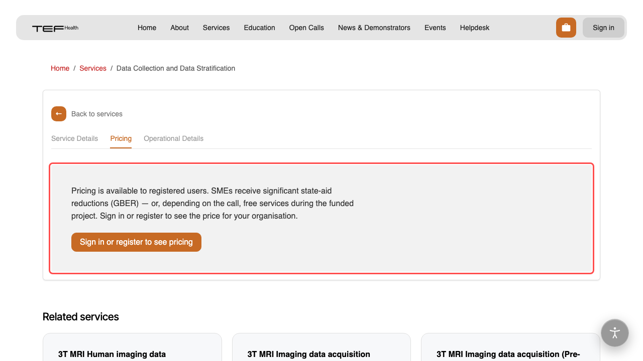 Public service page — pricing behind login
